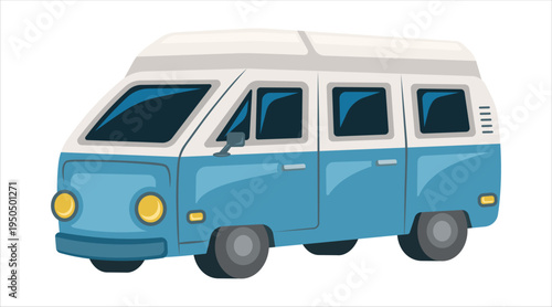 A vintage style blue and white camper van for road trip travel Vector
