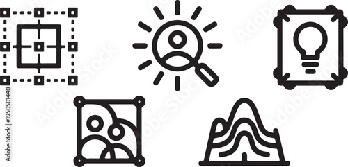 Five black and white representing analysis and ideas with frames and graphs