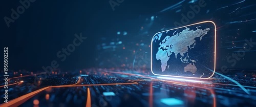 Futuristic digital world map interface with glowing data streams; camera slowly pans across a high-tech, cinematic landscape, highlighting innovation, technology, and global connectivity.