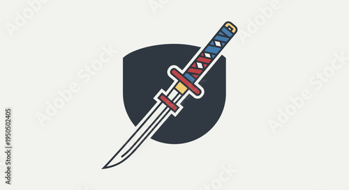 Samurai Sword Icon with Shield Emblem, Japanese Katana Weapon Symbol, Vector Illustration