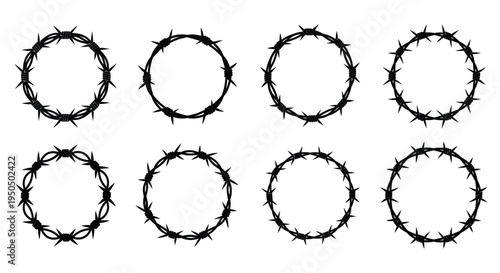 Eight circular frames constructed of sharp black barbed wire elements