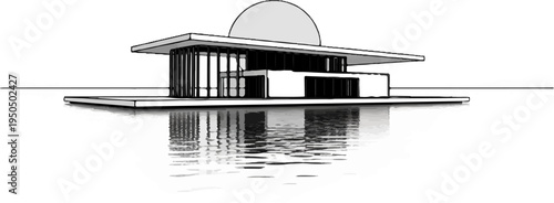 Modern building with rounded roof section reflected in water