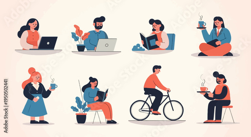 Diverse people engaging in various daily activities like working, reading, and cycling