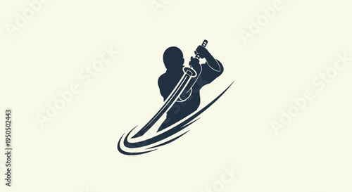 Silhouette of a warrior with a sword, dynamic action pose, Japanese culture, abstract motion lines
