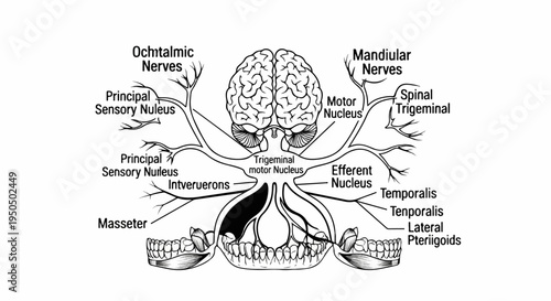 Anatomical diagram of the human trigeminal nerve system and brain