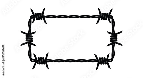 A rectangular frame constructed entirely from sharp black barbed wire