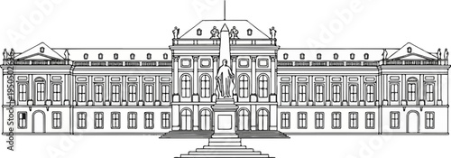 Ornate classical building with a central statue and symmetrical wings and facade