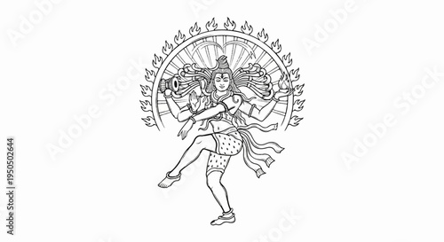 Ornate depiction of a multi-armed deity dancing within a fiery halo