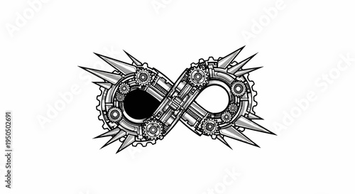 Metallic infinity symbol with gears, spikes, and mechanical detailing