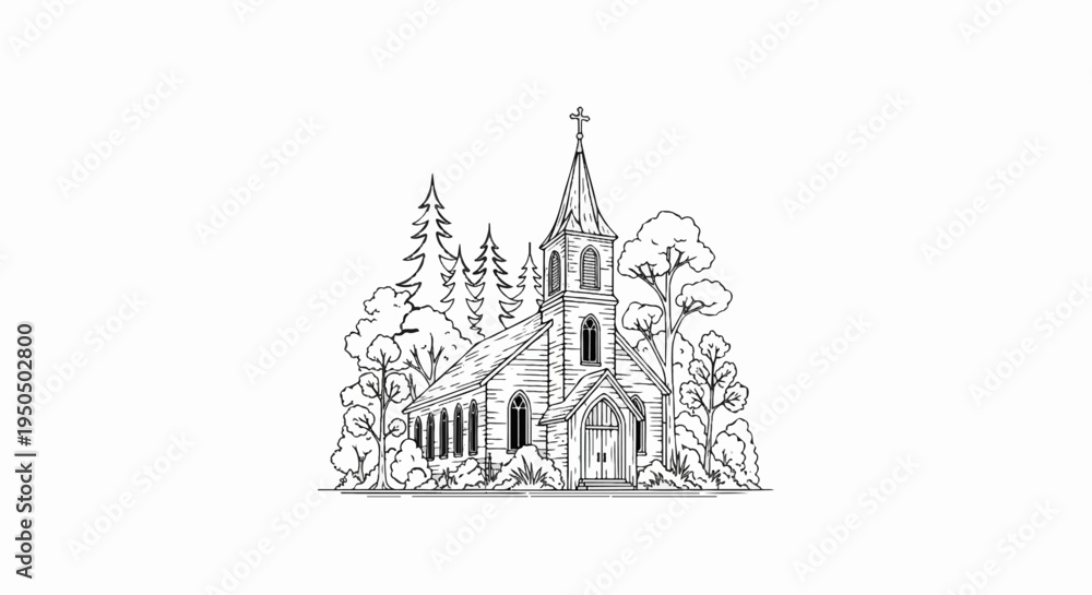 Fototapeta premium Hand-drawn sketch of a rustic church nestled among trees and foliage