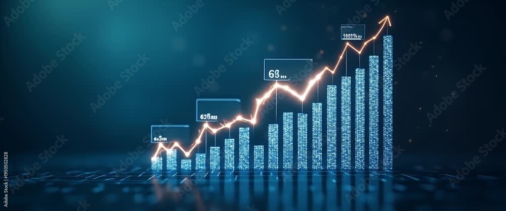 Dynamic financial graph with rising bars and line chart trends in a ...