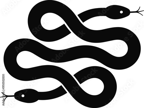 Black silhouette intertwined snakes in symmetrical mirrored design, abstract reptile artwork, minimalist nature vector illustration pattern