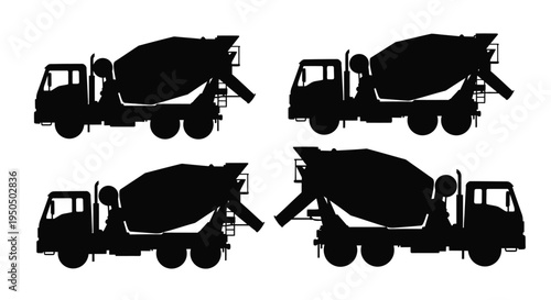 Four silhouettes of concrete mixer trucks against a white background