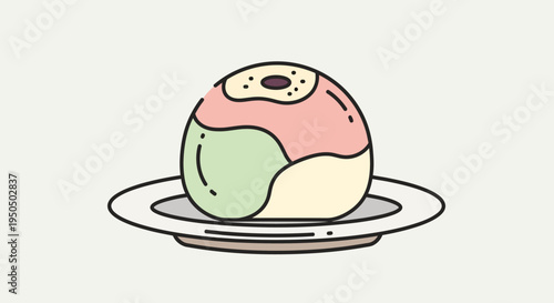 Cute Cartoon Mochi Ice Cream Ball Dessert on Plate, Simple Flat Design