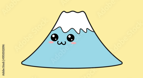 Cute Kawaii Fuji Mountain Character with Snow Cap and Blushing Cheeks