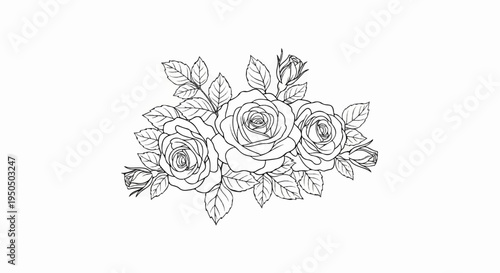 A monochromatic sketch of three blooming roses with leaves and buds