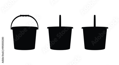 Three black silhouettes of plastic buckets arranged in a single row