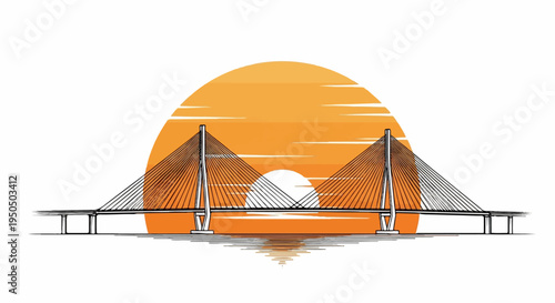 A cable-stayed bridge stands against a setting sun with reflections on water