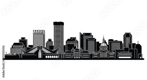 A stark black and white skyline illustration of a modern city