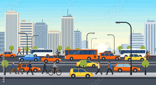 Busy City Street with Cars, Buses, and Pedestrians in Flat Design Style