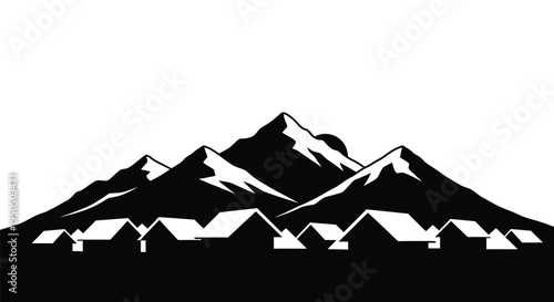 Black and white illustration of mountains with a small village below