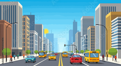 Busy City Street with Cars, Buses, and Skyscrapers under Blue Sky
