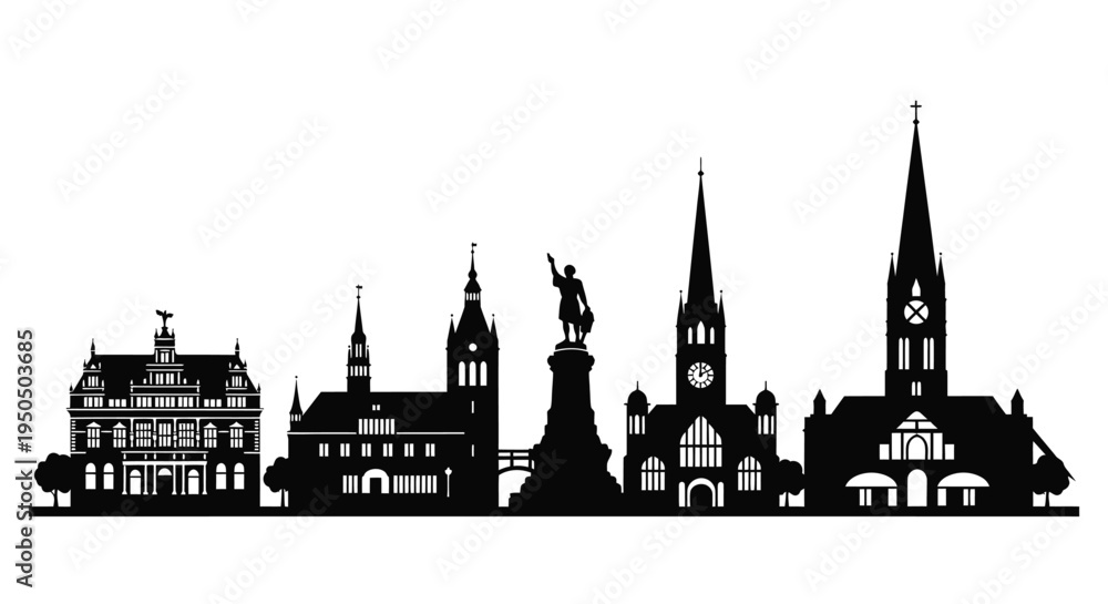 Fototapeta premium Black silhouette of a european cityscape with prominent spires and towers