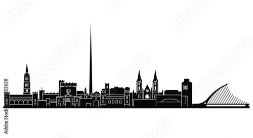 Black silhouette of a city skyline featuring a prominent spire