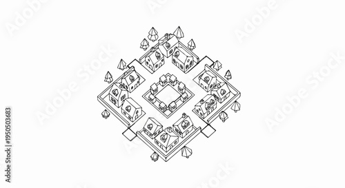 Isometric sketch of a village layout with houses and trees arranged around a central square