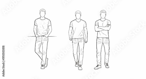 Line art sketch of three men in casual attire standing in different poses