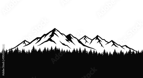 A striking black and white silhouette of a mountain range with forest