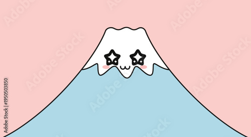 Cute Kawaii Fuji Mountain Character with Star Eyes and Pink Background