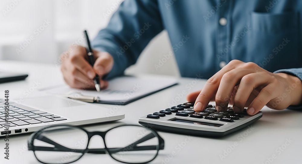 Fototapeta premium person calculating on calculator at desk with laptop and glasses