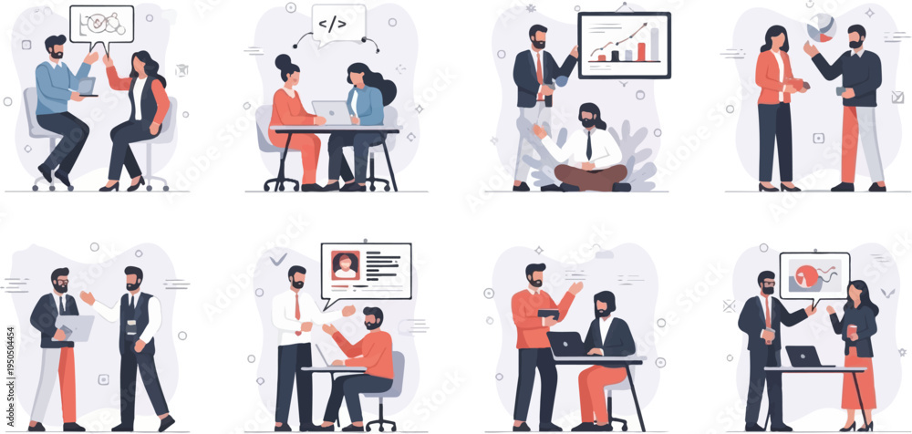 Fototapeta premium Diverse professionals in modern office scenes, collaborating and presenting data