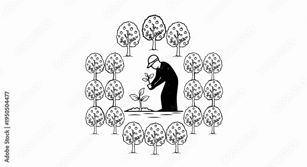Obraz premium Gardener planting sapling surrounded by fruit trees in an orchard