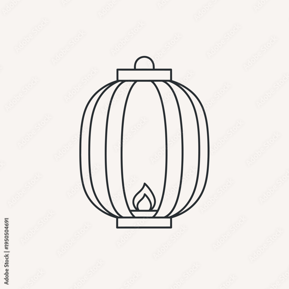 Fototapeta premium Chinese Lantern Icon, Traditional Asian Paper Lamp with Flame, Simple Line Art