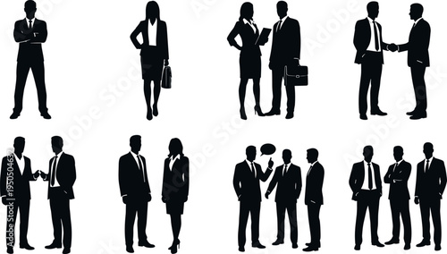 Business people silhouettes set showing corporate professionals meeting, handshake, discussion and teamwork poses isolated vector