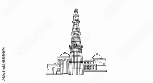 Tall minaret with surrounding buildings and domes, outlined in black and white