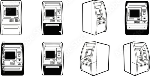 Multiple distinct illustrations of cash dispensing machines with screens, keypads, and card slots