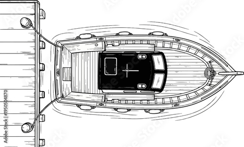 Overhead view of a moored wooden boat with a dark cabin