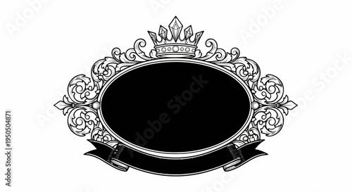 Ornate oval frame with crown and ribbon detail, black and white
