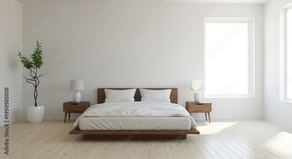 Fototapeta premium Minimalist bedroom interior design with large bed and natural light
