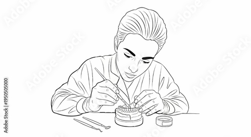 Detailed illustration of a person meticulously working on a dental prosthetic