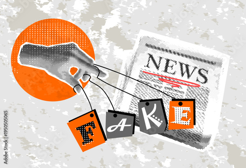 Hand controlling word FAKE like puppet in media manipulation collage. Concept of journalism control, freedom of press, propaganda, fake narratives, and power over public opinion.
