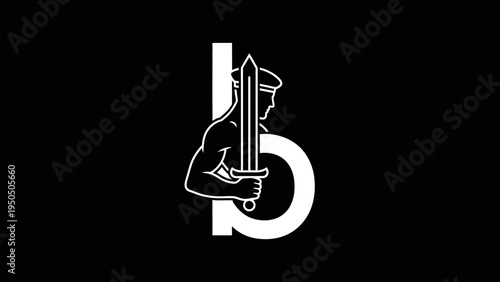 Bold symbol of a warrior holding sword with the letter b in black