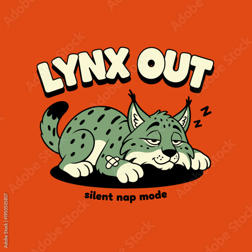 Sleeping Cartoon Lynx Closeup Face.