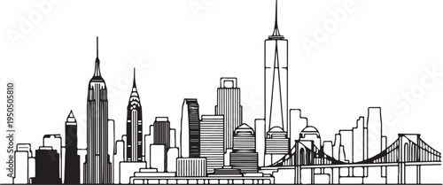 New York City skyline with skyscrapers and bridge illustration  urban cityscape