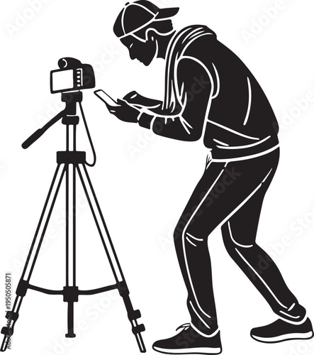 Premium black silhouette vector of content creator filming with smartphone on tripod flat isolated transparent background modern minimalist design