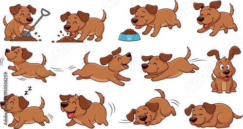 Cute cartoon dog actions collection with digging running playing eating sitting and sleeping pet character vector illustration set