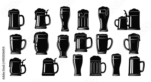 Beer Mug Silhouette Set, Black Beer Glass Icons Collection for Oktoberfest and Pub